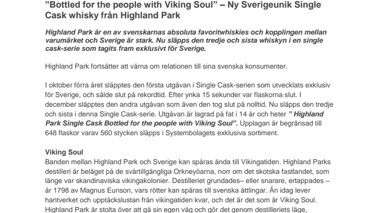 Highland Park lanserar ny Sverigeunik Single Cask