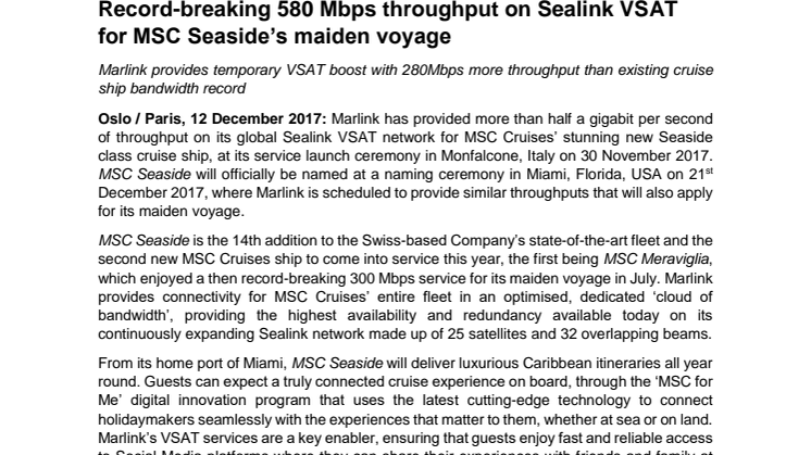 Record-breaking 580 Mbps throughput on Sealink VSAT for MSC Seaside’s maiden voyage