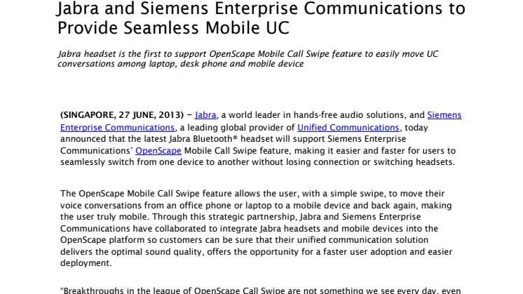 Jabra and Siemens Enterprise Communications to Provide Seamless Mobile UC