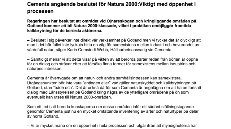 Cementa angående beslutet för Natura 2000: Viktigt med öppenhet i processen