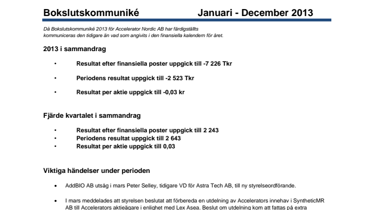 Bokslutskommuniké			Januari - December 2013