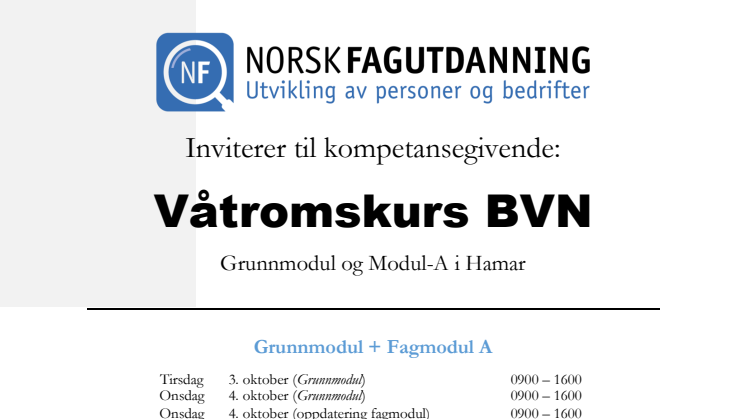 Invitasjon til våtromskurs på Hamar 3 oktober 2017. Grunnmodul og A-Modul 