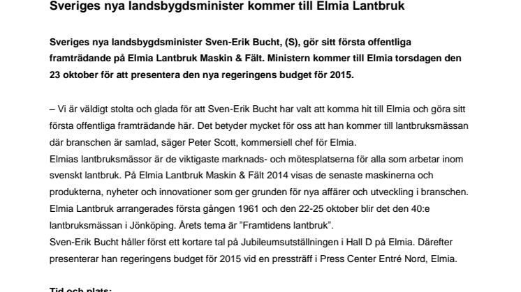 Sveriges nya landsbygdsminister kommer till Elmia Lantbruk