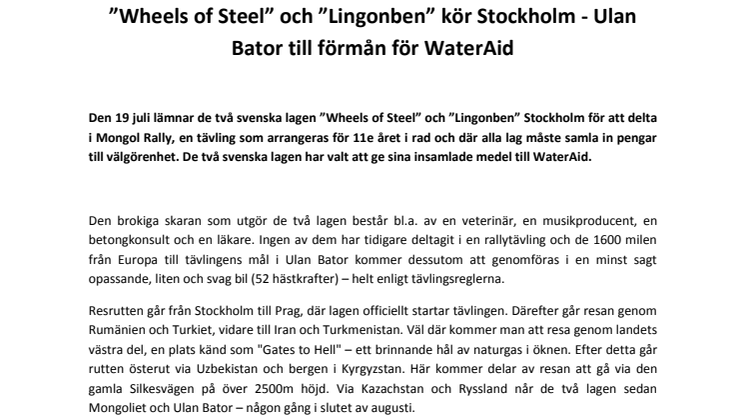 ”Wheels of Steel” och ”Lingonben” kör Stockholm - Ulan Bator till förmån för WaterAid