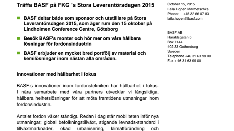 Träffa BASF på FKG ’s Stora Leverantörsdagen 2015