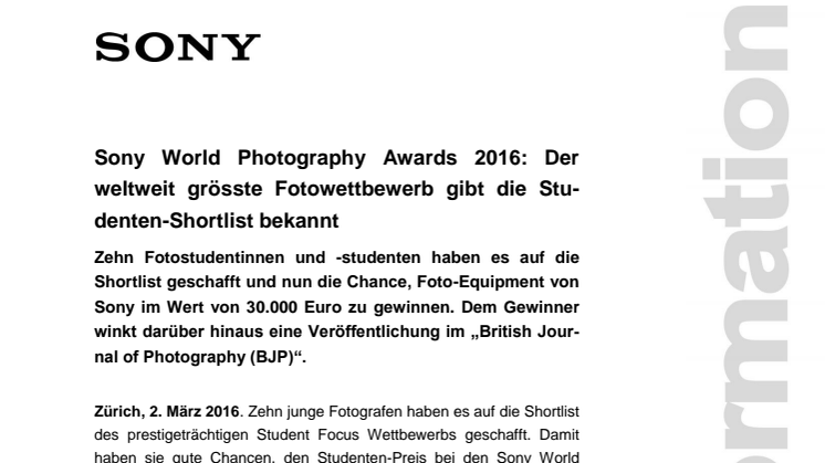 ​Sony World Photography Awards 2016: Der weltweit grösste Fotowettbewerb gibt die Studenten-Shortlist bekannt