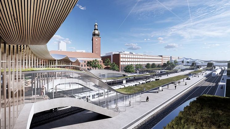 Västerås nya resecentrum, en del av projekt Mälarporten. Etapp ett i förgrunden byggs i närtid och etapp två till höger i bild byggs tidigast 2035, eller när resenärsflödet har ökat så pass mycket att etapp två behövs. Illustration: BIG.