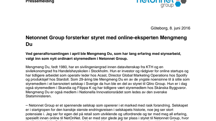 Netonnet Group forsterker styret med online-eksperten Mengmeng Du