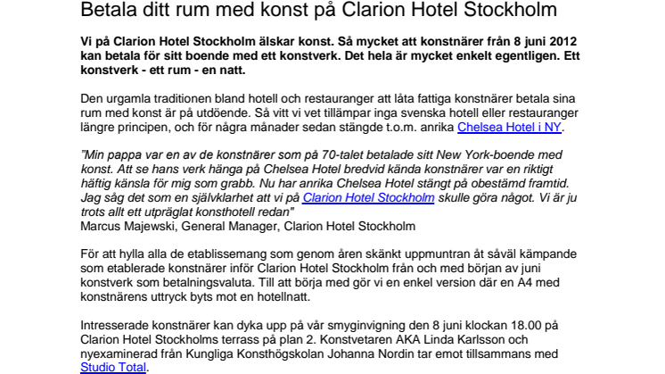 Betala ditt rum med konst på Clarion Hotel Stockholm