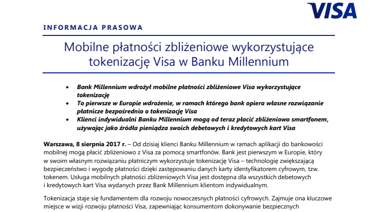 Mobilne płatności zbliżeniowe wykorzystujące tokenizację Visa w Banku Millennium
