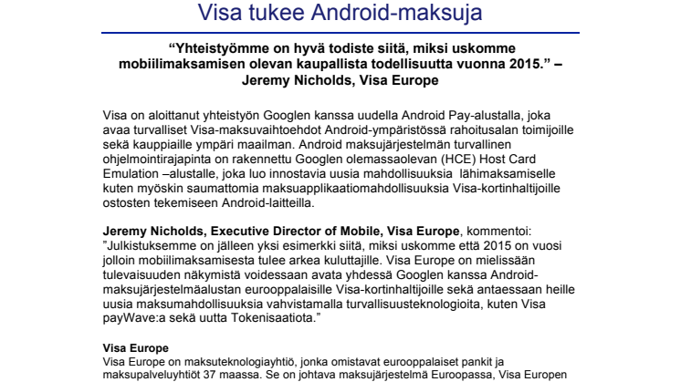 Visa tukee Android-maksuja