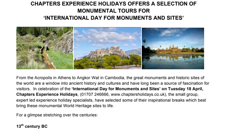 CHAPTERS EXPERIENCE HOLIDAYS OFFERS A SELECTION OF MONUMENTAL TOURS FOR  ‘INTERNATIONAL DAY FOR MONUMENTS AND SITES’ 