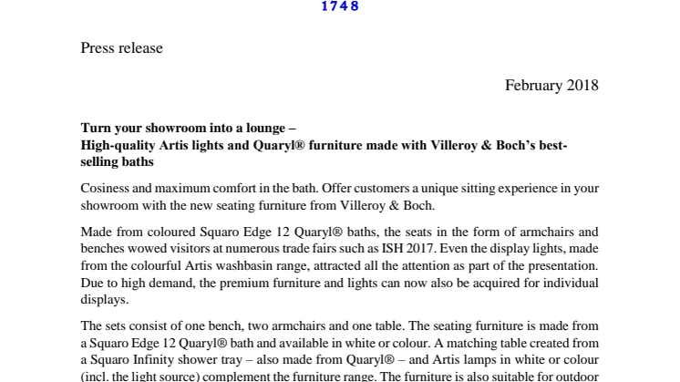 Turn your showroom into a lounge – High-quality Artis lights and Quaryl® furniture made with Villeroy & Boch’s best-selling baths
