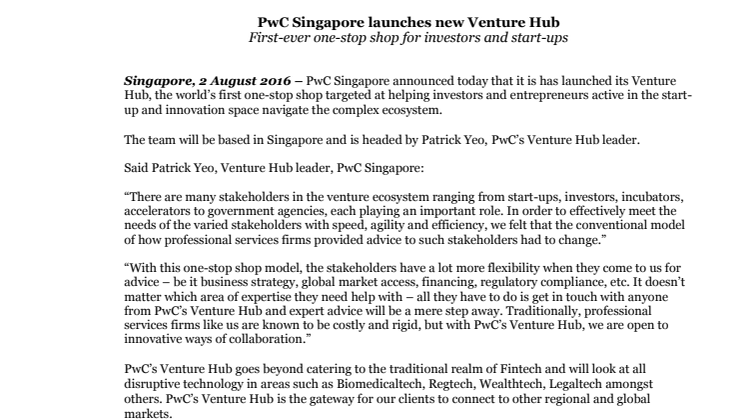 ​PwC Singapore launches new Venture Hub