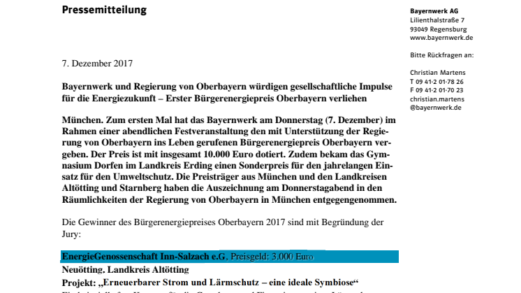 Erstmals Bürgerenergiepreis Oberbayern verliehen - Sonderpreis für Gynasium aus Dorfen