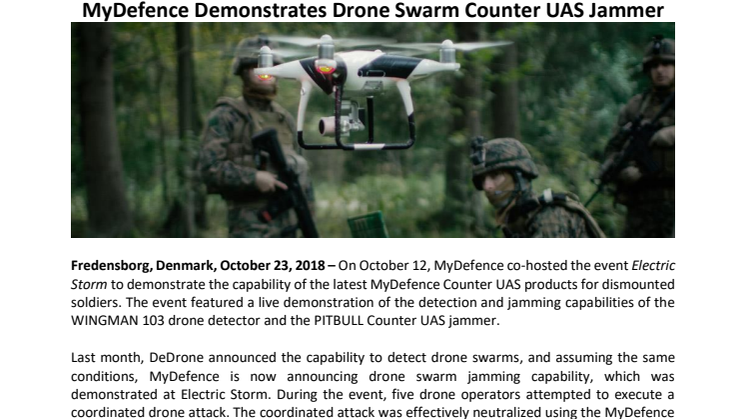 MyDefence Demonstrates Drone Swarm Counter UAS Jammer