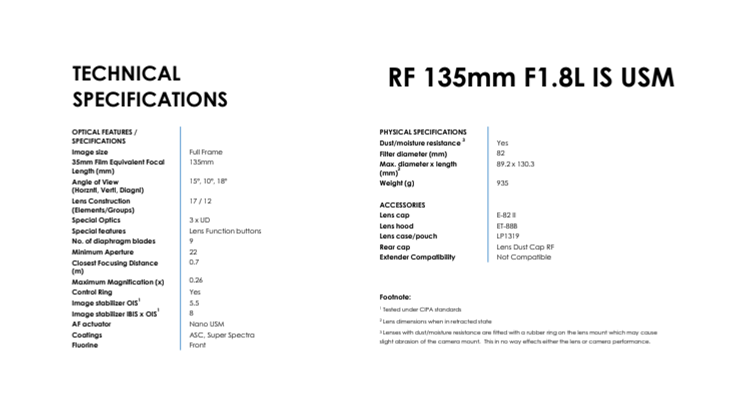 RF 135mm F1.8L IS USM TECHNICAL  SPECIFICATIONS