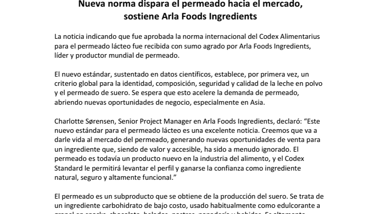 Nueva norma dispara el permeado hacia el mercado, sostiene Arla Foods Ingredients