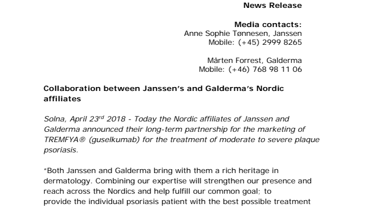 Samarbete mellan Janssens och Galdermas nordiska marknadsbolag