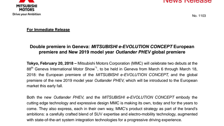 Doppelpremiere in Genf: Europadebüt MITSUBISHI e-EVOLUTION CONCEPT und Weltpremiere Plug-in Hybrid Outlander (Modelljahr 2019)