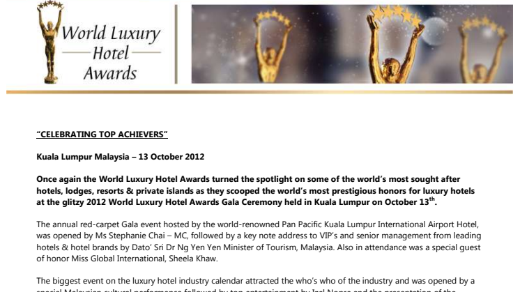 HOTEL STUREPLAN TILLDELAS 2012 WORLD LUXURY HOTEL AWARD 
