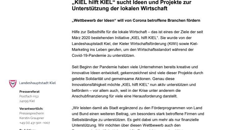 Pressemitteilung: Kiels Oberbürgermeister ruft zum Wettbewerb der Ideen auf