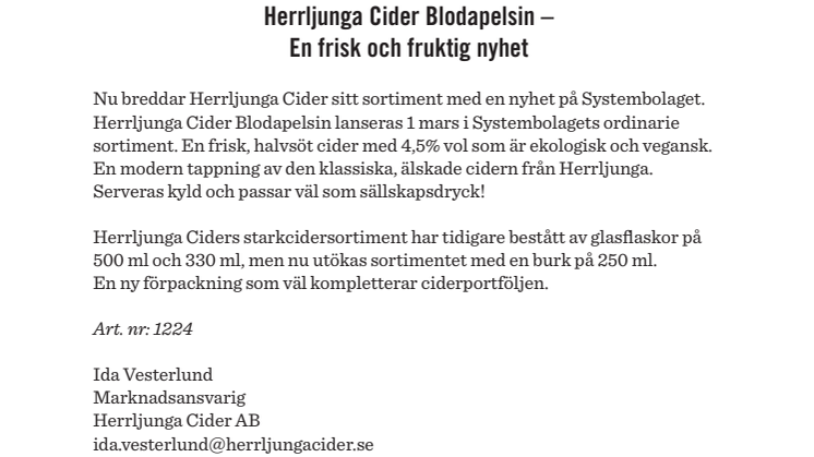 Herrljunga Cider Blodapelsin –  En frisk och fruktig nyhet på Systembolaget!
