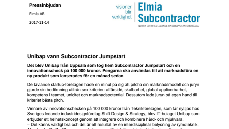 Unibap vann Subcontractor Jumpstart