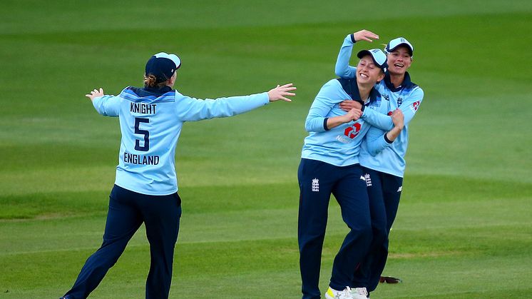 Fran Wilson mobbed after a spectacular catch in 2019. Photo: Getty Images