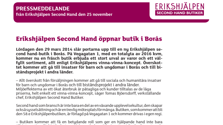Erikshjälpen Second Hand öppnar butik i Borås