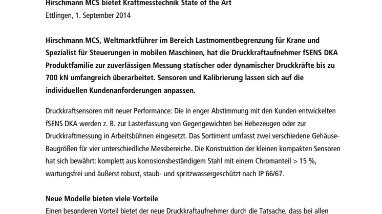 Hirschmann MCS bietet Kraftmesstechnik State of the Art 