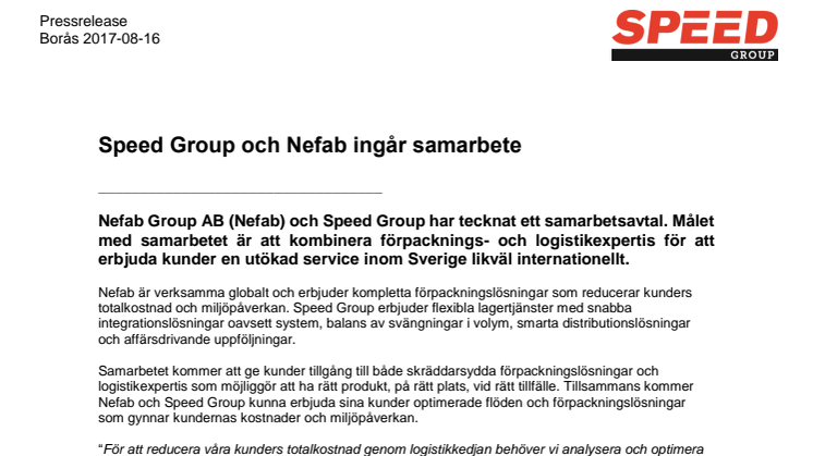 Speed Group och Nefab ingår samarbete 