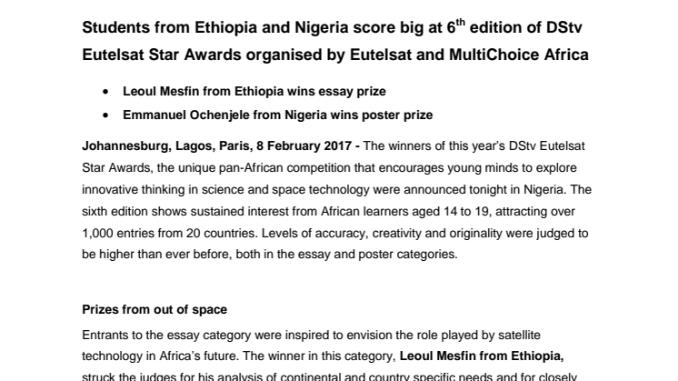 Students from Ethiopia and Nigeria score big at 6th edition of DStv Eutelsat Star Awards organised by Eutelsat and MultiChoice Africa