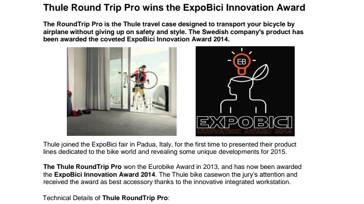 Thule Round Trip Pro wins the ExpoBici Innovation Award
