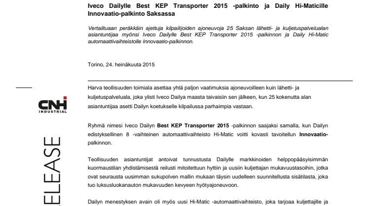 Iveco Dailylle Best KEP Transporter 2015 -palkinto ja Daily Hi-Maticille Innovaatio-palkinto Saksassa