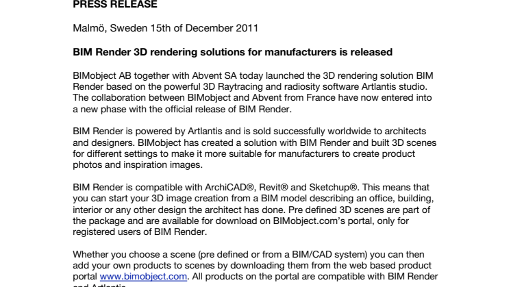 BIM Render 3D rendering solutions for manufacturers is released