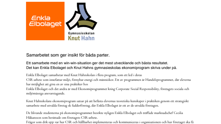 Pressmeddelande Samarbetet mellan Knut Hahn gymnasieskola och Enkla Elbolaget
