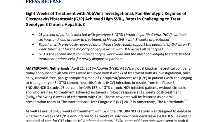 Eight Weeks of Treatment with AbbVie’s Investigational, Pan-Genotypic Regimen of Glecaprevir/Pibrentasvir (G/P) Achieved High SVR12 Rates in Challenging to Treat Genotype 3 Chronic Hepatitis C