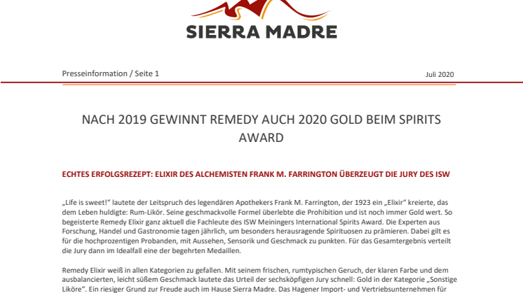 Echtes Erfolgsrezept: Nach 2019 gewinnt Remedy auch 2020 Gold beim Spirits Award