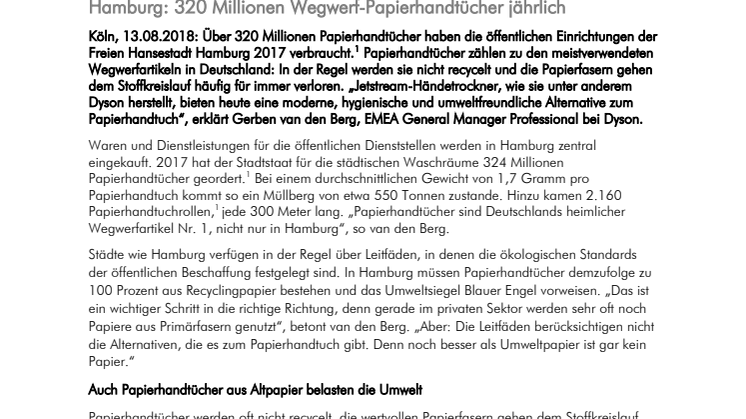 Hamburg: 320 Millionen Wegwerf-Papierhandtücher jährlich