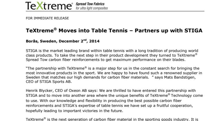 TeXtreme® Moves into Table Tennis – Partners up with STIGA