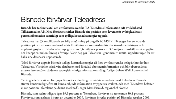 Bisnode förvärvar Teleadress