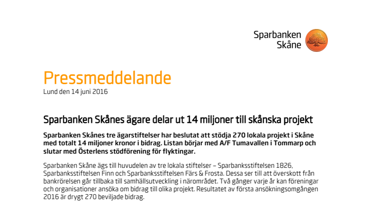 Sparbanken Skånes ägare delar ut 14 miljoner till skånska projekt