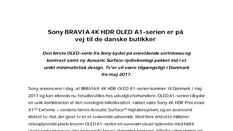 Sony BRAVIA 4K HDR OLED A1-serien er på vej til de danske butikker