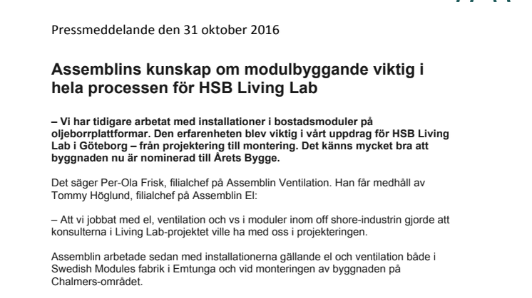 Assemblins kunskap om modulbyggande viktig i hela processen för HSB Living Lab