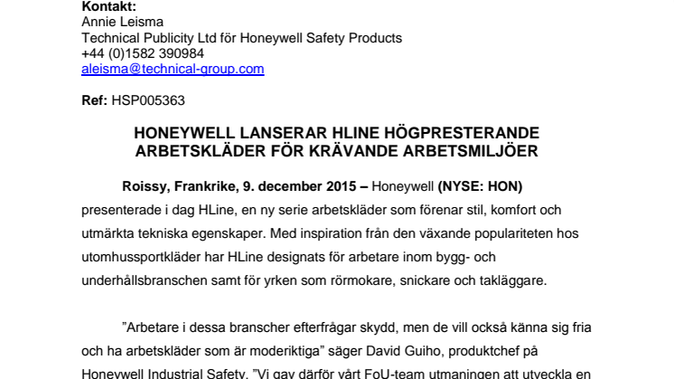 Honeywell lanserar HLine högpresterande arbetskläder för krävande arbetsmiljöer