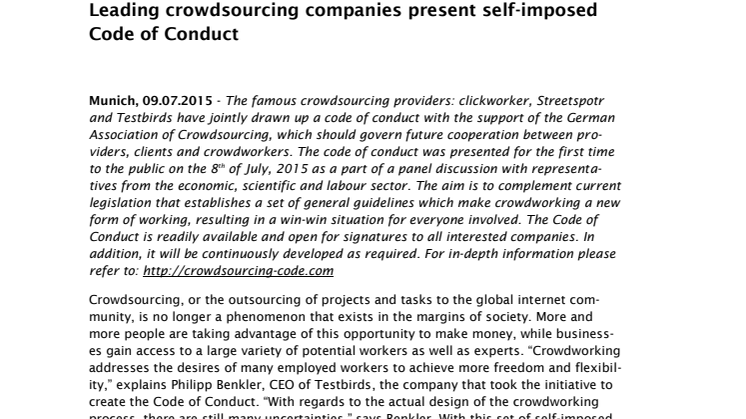 Leading crowdsourcing companies present self-imposed Code of Conduct