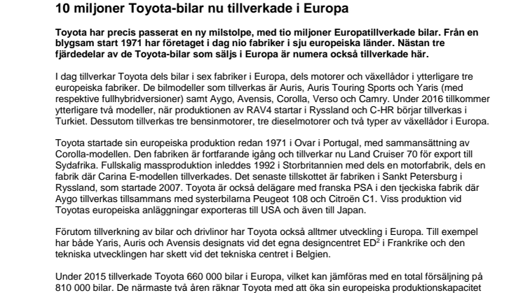 10 miljoner Toyota-bilar nu tillverkade i Europa