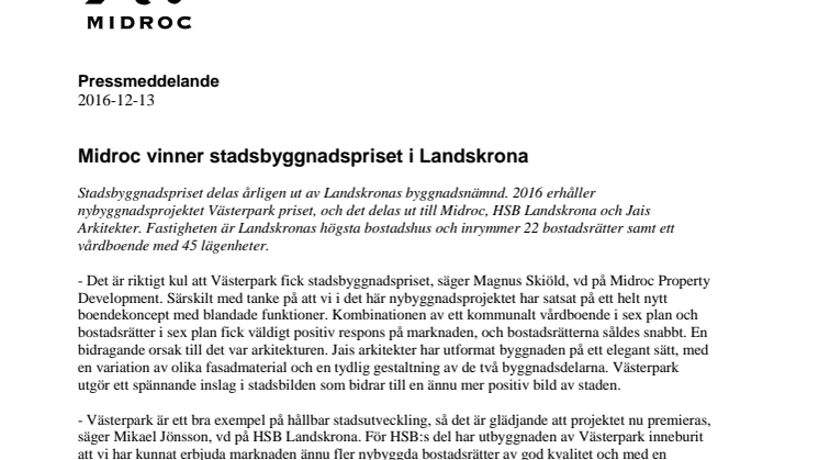 Midroc vinner stadsbyggnadspriset i Landskrona 
