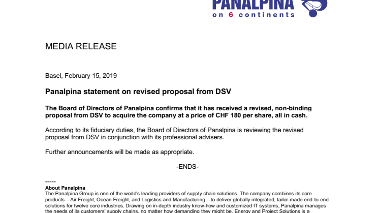 Panalpina statement on revised proposal from DSV